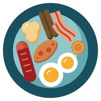A breakfast platter with scrambled eggs. bacon. and various sausages. vector