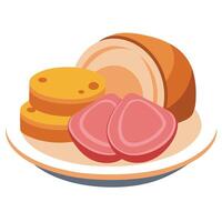 A plate of ham and bread with a few pieces of bread on the left side vector