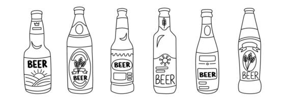 Set of beer bottles in doodle style. Oktoberfest concept. Beer festival concept. Drinks concept. vector