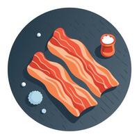 Crispy bacon slices arranged on a slate surface with salt and pepper. vector