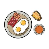 Artistic top view portrait of a full American breakfast with all the essentials--eggs. pancakes. bac vector