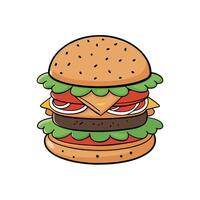 A burger with many layers of meat and vegetables on a grill. The burger is topped with lettuce. toma vector
