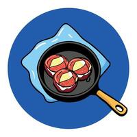 A cast iron skillet with bacon-wrapped filet mignon medallions. resting on a navy blue cloth. atop a vector