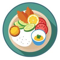 Cajun chicken with bacon. zucchini. lemon. rice and yogurt sauce. vector