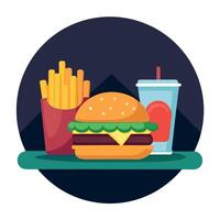 Fresh tasty burger and fries on the table and on a dark background. vector