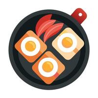 A baking tray with sizzling bacon and eggs for a hearty breakfast vector