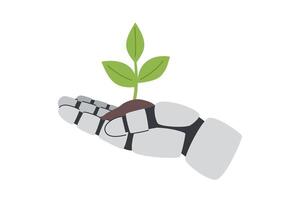 Technology concept. Robots hand holding a plant isolated on white background. Environment and ecology concept. Save the planet. vector