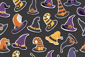 Halloween seamless pattern of witch hats stickers isolated on black background. Halloween concept. Halloween banner. vector
