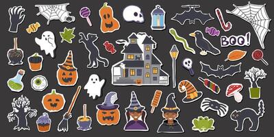 Set of Halloween elements stickers on black background. Halloween concept. Halloween objects. vector