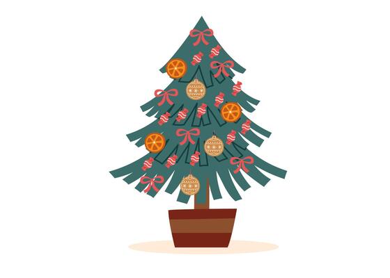 Decorated Christmas tree isolated on white. Sustainable Christmas concept.