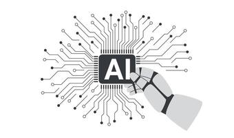 Artificial intelligence chip processor. Robots hand holding chip processor isolated on white. AI concept. vector