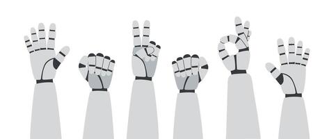 Technology concept. AI concept. Robots hands raised up with different gestures. vector