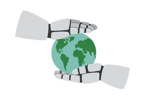 Technology concept. Robots hands holding a planet isolated on white background. Environment and ecology concept. Save the planet. vector