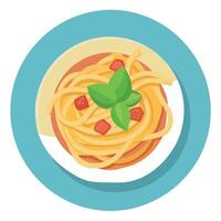 Close-up of a plate of pasta with bacon. parmesan cheese. and basil. vector