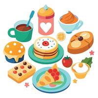 A variety of food items are arranged on plates vector