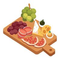 A wooden cutting board with various types of food vector