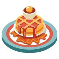 A platter of waffles atop a table. garnished with crispy bacon on top vector