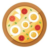 Breakfast pizza with bacon. scrambled eggs. and cheese on a wooden table vector