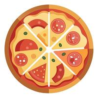 A delicious sliced pizza topped with various types of meat. such as bacon. vector