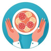 Hands holding a plate with slices of watermelon vector