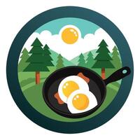 Cast Iron Pan With Sunny Side Up Eggs and Bacon in a Forest Clearing vector