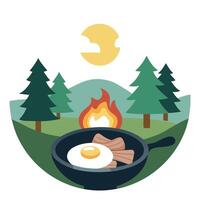 A frying pan with eggs and bacon on it vector