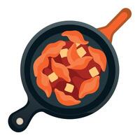 Fried crunchy plant based vegan Bacon pieces in a cast iron skillet. vector