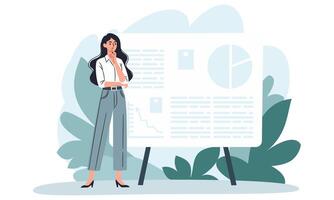 Flat illustration. A woman stands in a pensive pose, thinking in front of a large banner, giving a presentation. Presentation and banner for a web site. vector