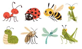 A set of flat illustrations in children's style. Cute mosquito caterpillar wasp ladybug mantis dragonfly grasshopper grasshopper ant vector