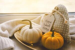 Two small pumpkins resting on a cozy beige sweater create a warm autumn atmosphere photo