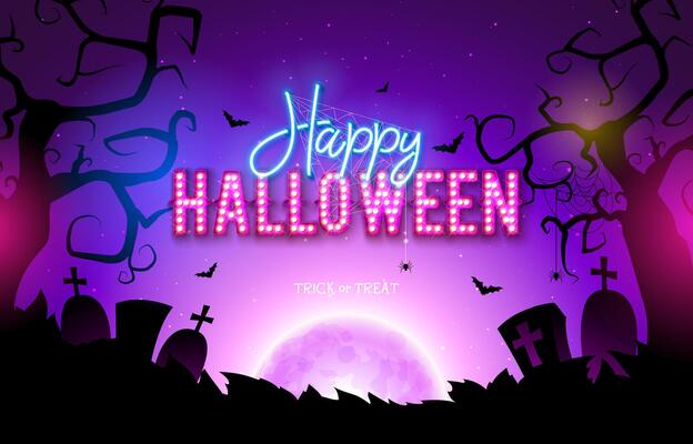 Halloween Sale Banner Illustration with Moon and Light Bulb Lettering on Blue Night Sky Background. Holiday Design Template with Cemetery and Typography Lettering for Offer, Coupon, Celebration
