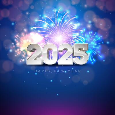 2025 Happy New Year Illustration with 3d Number and Glowing Fireworks on Night Blue Background. Christmas Holiday Design with Typography Lettering for Banner, Flyer, Greeting Card, Celebration Poster