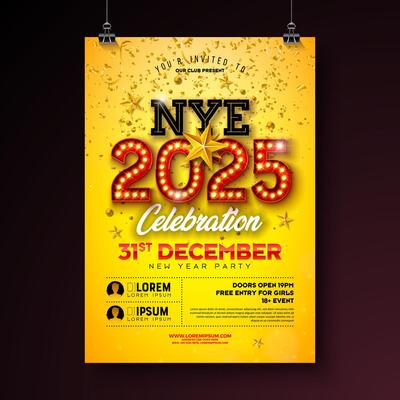 Happy New Year 2025 Party Celebration Poster Template Illustration with Glowing Light Bulb Billboard Number on Yellow Background. New Year Eve Holiday Design. Premium Invitation Flyer or Promo