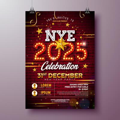 Happy New Year 2025 Party Celebration Poster Template Illustration with Glowing Light Bulb Billboard Number on Brick Wall Background. New Year Eve Holiday Design. Premium Invitation Flyer or