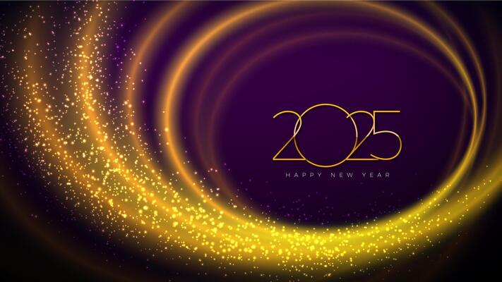 Happy New Year 2025 Illustration with Golden Number and Shiny Gold Wave Design Element on Dark Background. Christmas Holiday Season Design for Flyer, Greeting Card, Banner, Celebration Poster