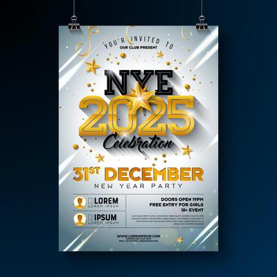 Happy New Year 2025 Party Celebration Poster Template Illustration with Golden Typography Lettering on White Background. New Year Eve Holiday Design. Premium Invitation Flyer or Promo Banner.