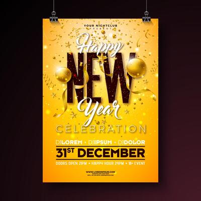 Happy New Year 2025 Party Celebration Poster Template Illustration with Typography Lettering and Golden Christmas Ball on Yellow Background. New Year Eve Holiday Flyer Design. Premium