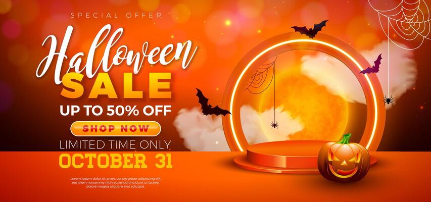 Halloween Sale Banner Illustration with Pumpkin, Podium and Glowing Neon Light on Orange Background. Holiday Design Template with Typography Lettering for Offer, Coupon, Celebration Flyer