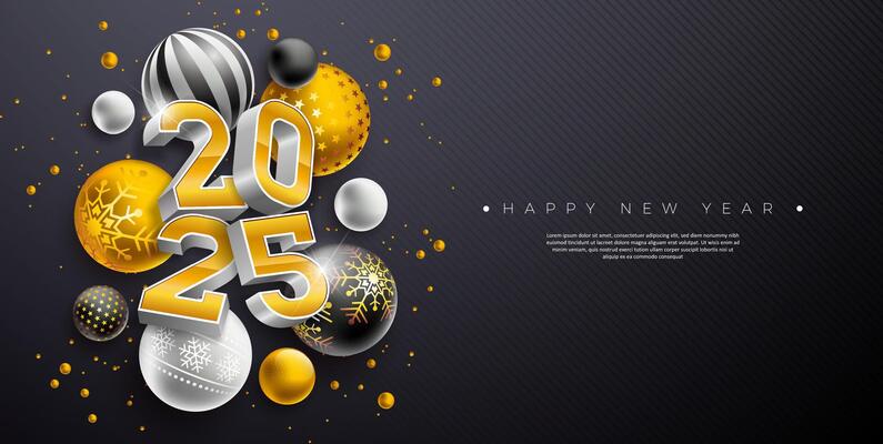Happy New Year 2025 Banner Illustration with 3d Gold Number and Christmas Ball on Black Background. Holiday Design with Typography Lettering for Flyer, Greeting Card, Celebration Poster, Party