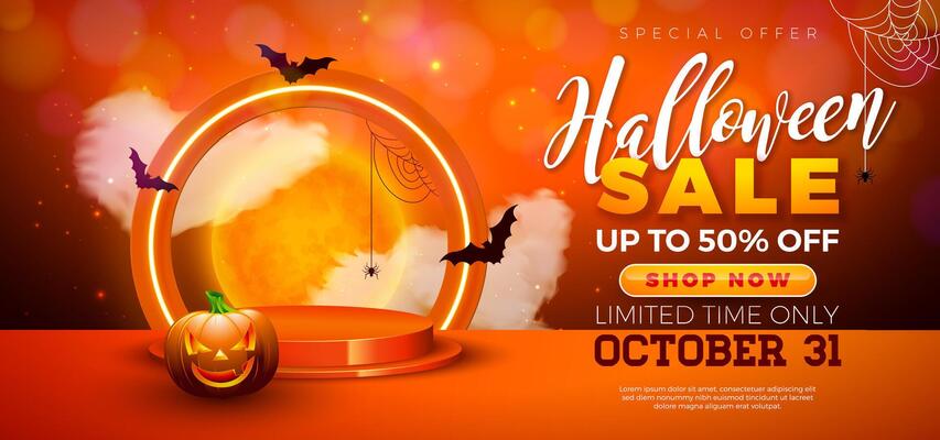Halloween Sale Banner Illustration with Pumpkin, Podium and Glowing Neon Light on Orange Background. Holiday Design Template with Typography Lettering for Offer, Coupon, Celebration Flyer