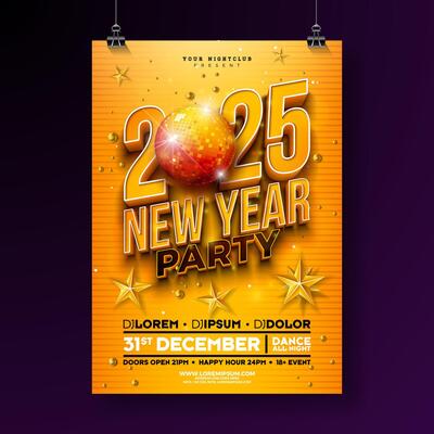 Happy New Year 2025 Party Celebration Poster Template Illustration with Shiny Disco Ball and 3d Typography Lettering on Yellow Background. New Year Eve Holiday Design. Premium Invitation Flyer