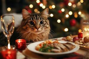 A cat is sitting at a table with a plate of food in front of it photo