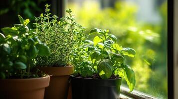 Three types of herbs in pots lime, basil, thyme and mint on the windowsill. Soft natural light penetrates through the window, creating a serene and fresh atmosphere photo