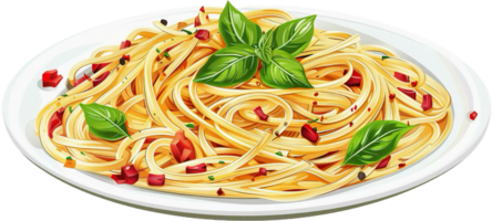 Plate of spaghetti garnished with basil and bacon. png