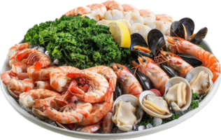 Platter of assorted shellfish with herbs and lemon. png