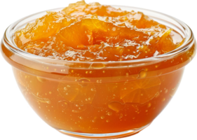 Orange marmalade in clear glass bowl. png