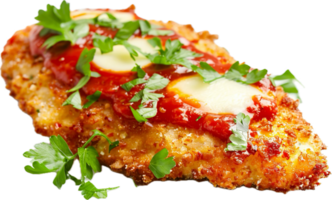 Crispy chicken parmesan with tomato sauce and cheese. png