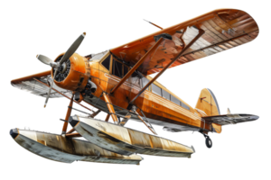 Propeller-driven red seaplane flying with floats. png