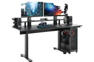 Advanced computer desk with dual monitors and RGB lighting. png