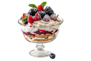 Fruit parfait with whipped cream and mint garnish. png